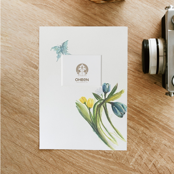 Tulips in Yellow and Blue with Delicate Blue Butterfly Print